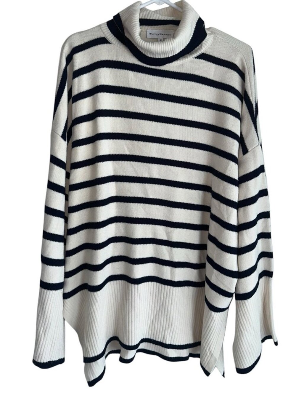 White & Warren Women’s 100% Cashmere Turtleneck Sweater Sz L Navy White Stripe